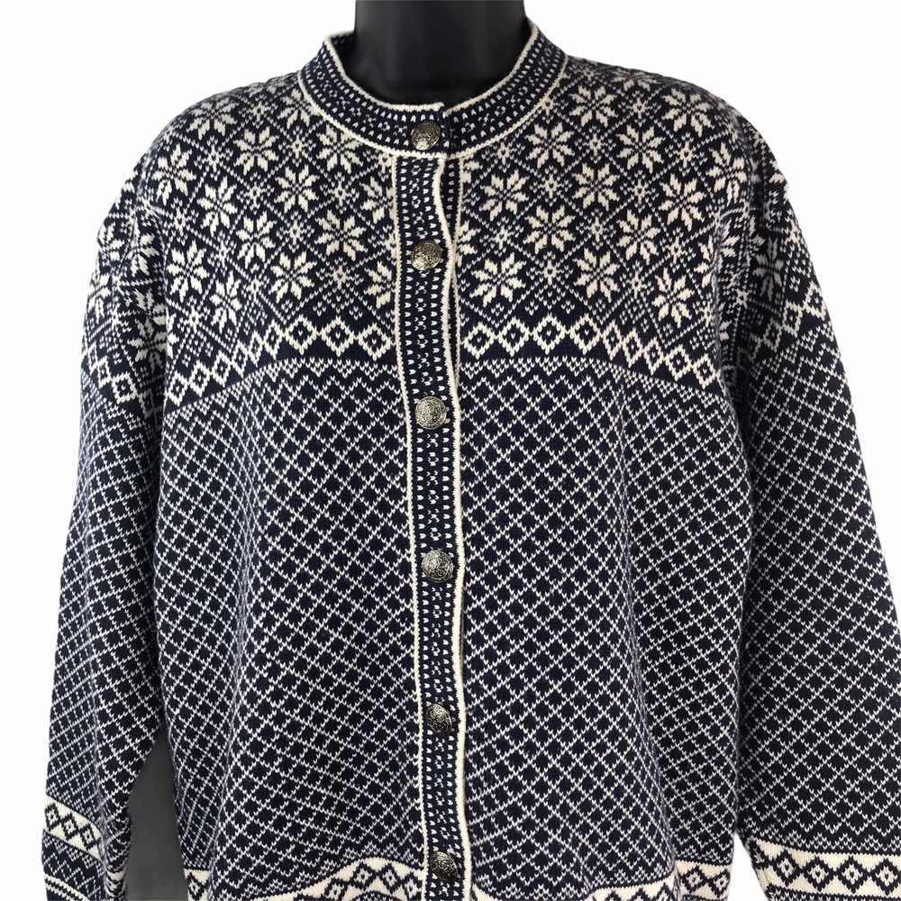 CHELSEA GARDENS Sz Med Nordic Fair Isle Blue Women's Cardigan Metal Buttons Vtg - Picture 3 of 8